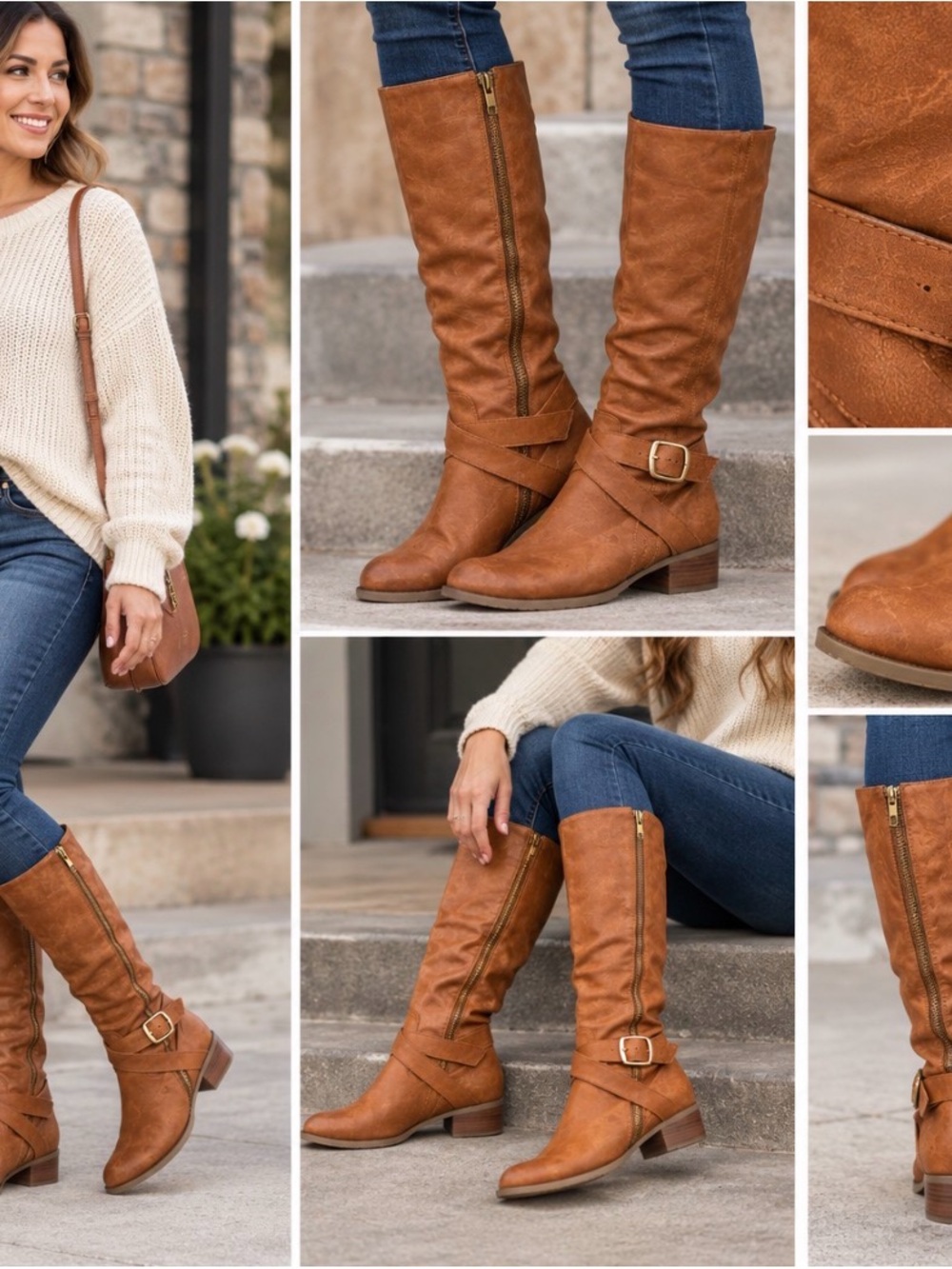 Jessica Simpson Cognac Brown Mid-Calf Buckle Riding Distressed Boots 👢